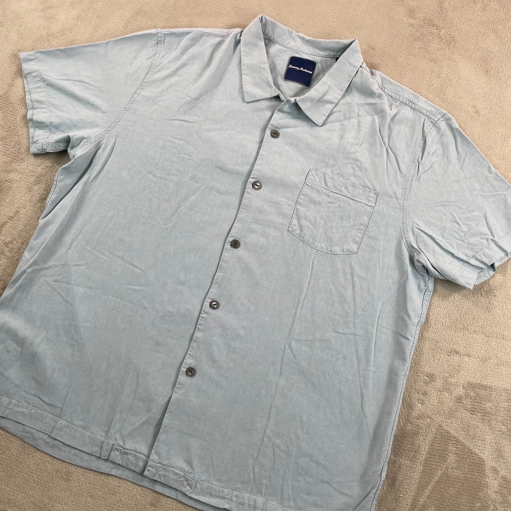 Tommy Bahama Ocean Oxford Camp Shirt Men 2XL Sky Blue Silk Loop Collar Casual